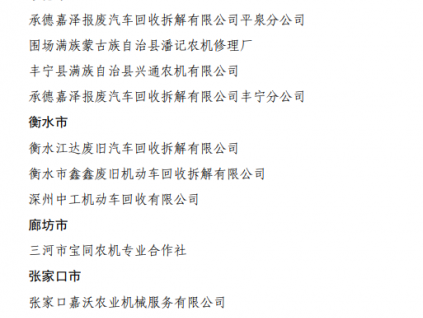 河北省农业农村厅办公室关于公布首批农机报废回收企业名单的通知